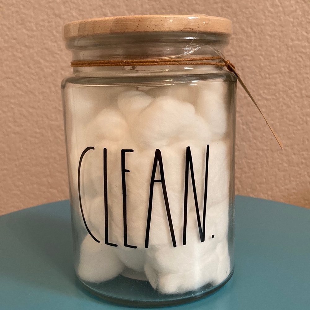 NWT Rae Dunn “Clean” Glass Jar with Wooden Lid and Cotton Balls